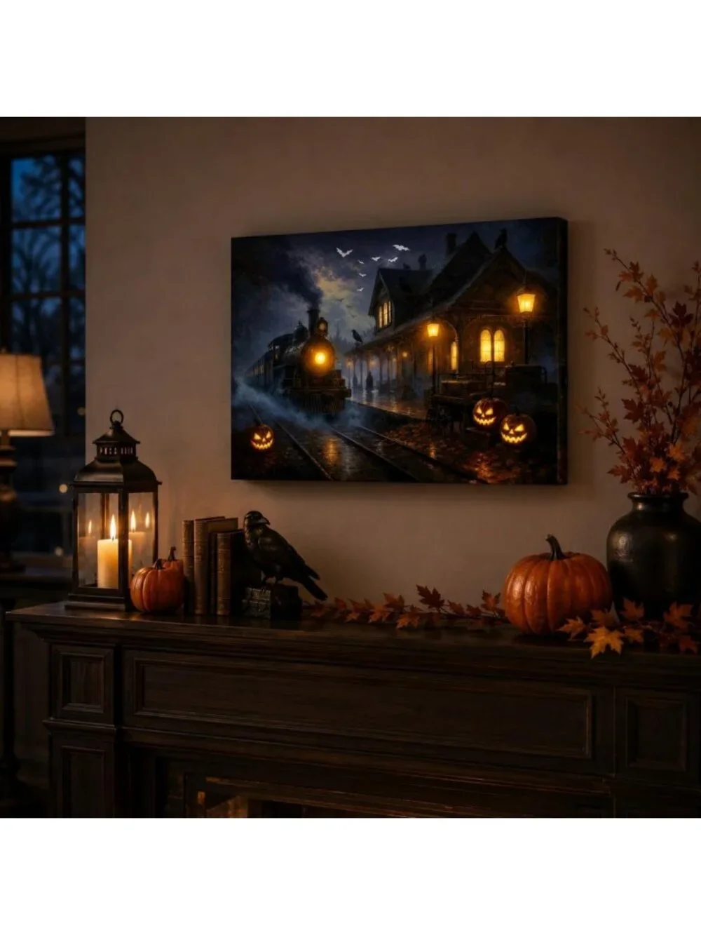 Haunted Train Station LED Canvas Wall Art - Spooky Halloween Decor, 24x18 in